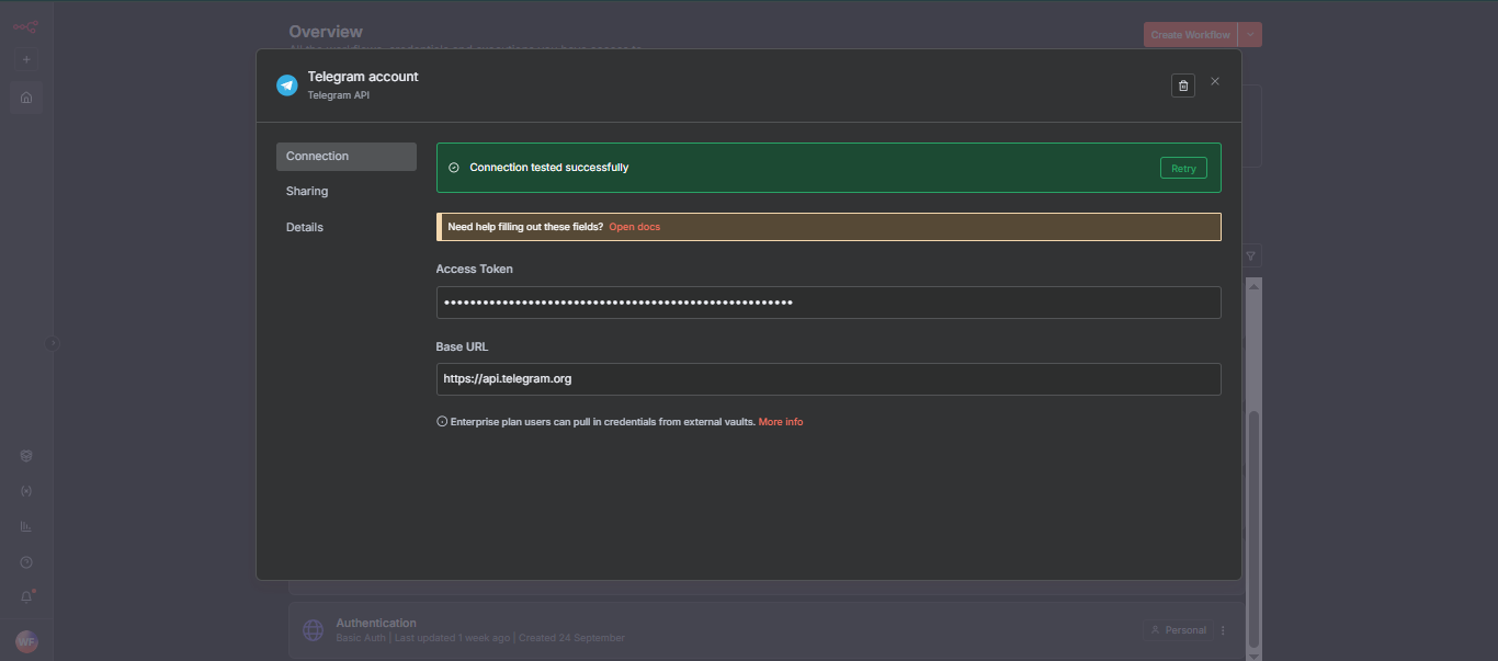 Telegram account OAuth configuration screen showing connection status and API access token fields