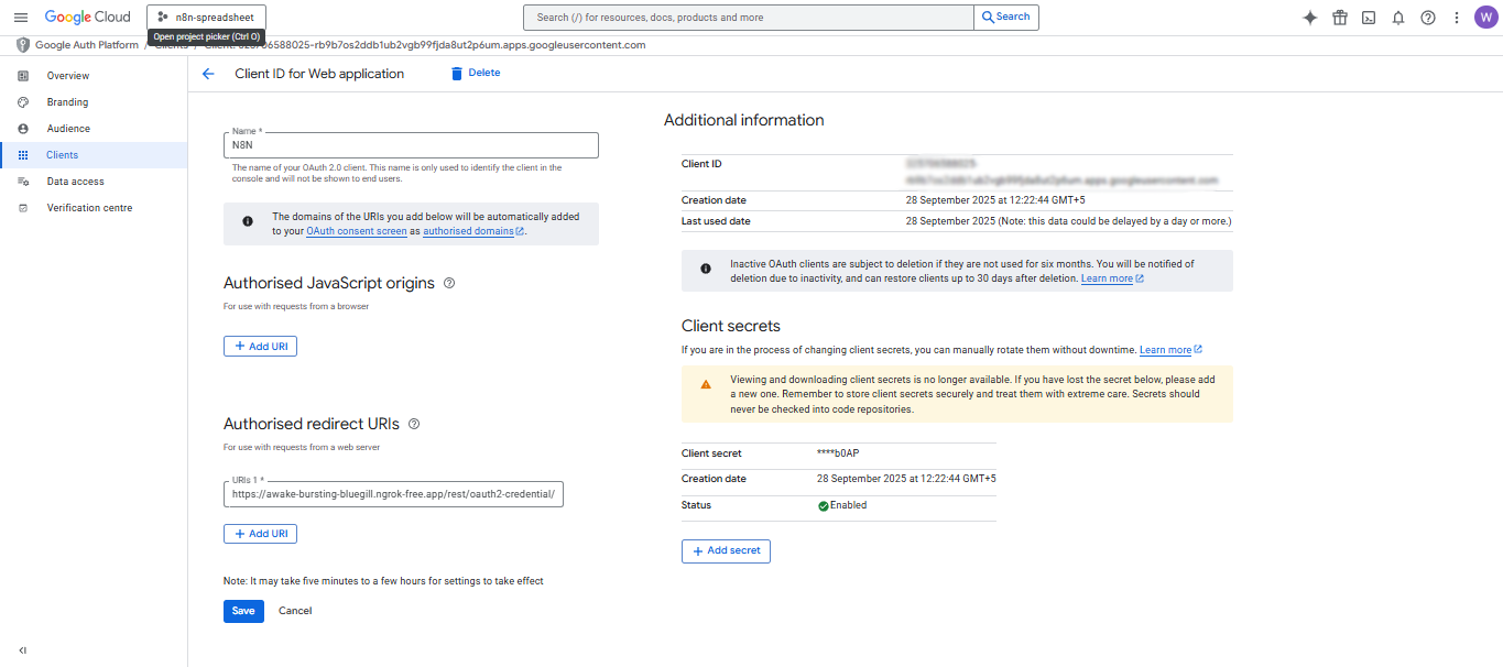 Google Cloud Console OAuth 2.0 Client ID configuration for web application showing authorized JavaScript origins redirect URIs and client secrets management interface for API authentication setup
