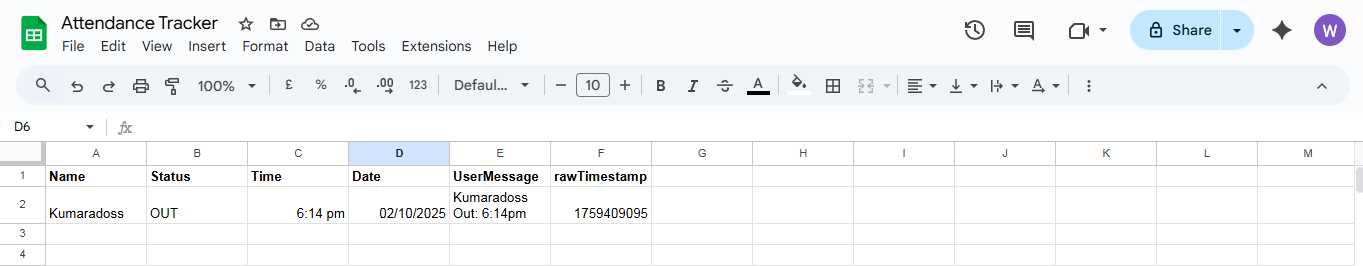 Real-time attendance data in Google Sheets with columns for Name Status Time Date UserMessage and rawTimestamp populated by WhatsApp n8n automation