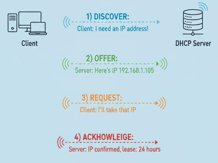 DHCP DORA process showing Discover Offer Request Acknowledge four-step sequence