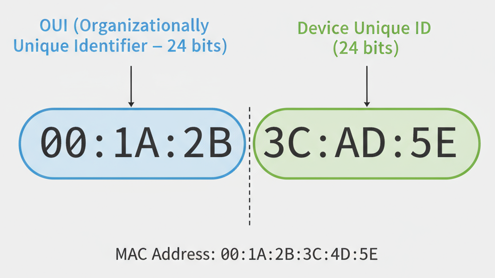 MAC address format showing 48-bit
                        hexadecimal address 00:1A:2B:3C:4D:5E structure