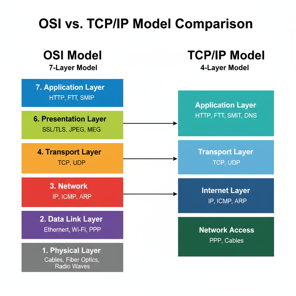 OSI model seven layers from Physical to Application with protocols and functions