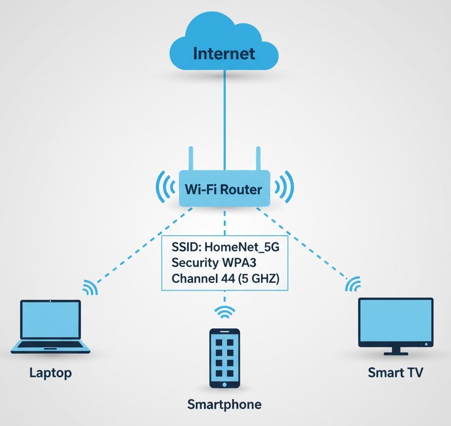 Home network diagram showing a central WiFi router with WPA3 security on channel 44 connecting a laptop, smartphone, and smart TV via 5GHz SSID HomeNet_5G