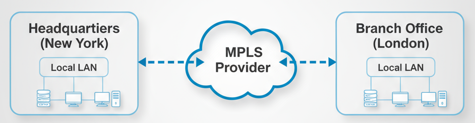 WAN topology diagram showing MPLS provider connecting New York Headquarters to London Branch Office via local LAN infrastructures