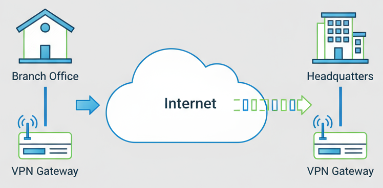 Site-to-site VPN topology illustrating a branch office and headquarters connected via VPN gateways through the internet cloud for secure encrypted data transfer